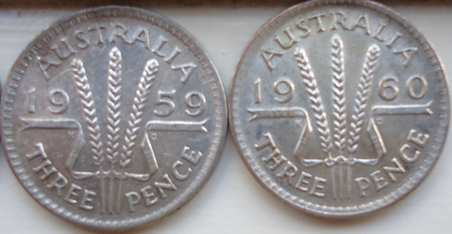 Australian-Threepence-1951,-1955,-1959,-1960---Grading